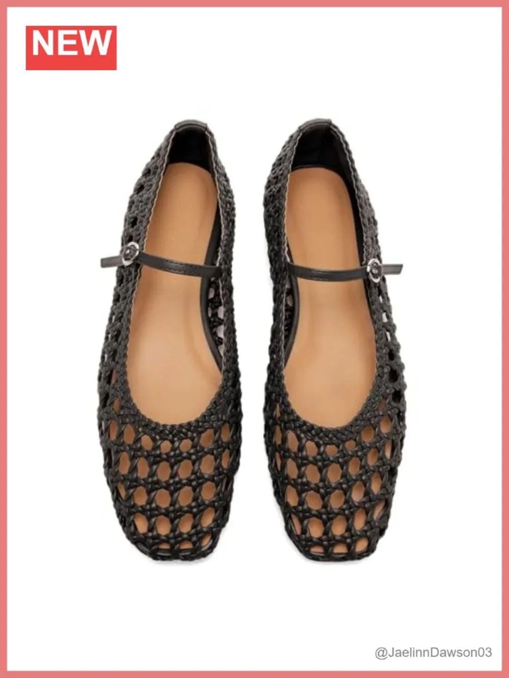 Woven Mesh Ballet Flats Women Round Toe Mary Jane Metal Buckle PU Rubber